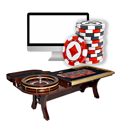 ordinateur avec jetons et table de roulette